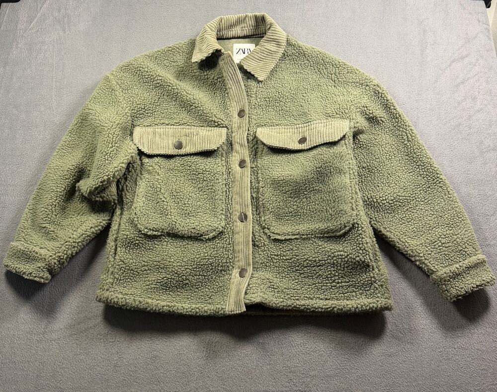 Zara Teddy Fleece Jacket Womens XS Green Sherpa Shacket Corduroy Trim Snap Front